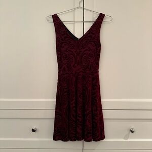 Aqua Red Sleeveless Burnout Velvet V-Neck Fit and Flare Mini Dress